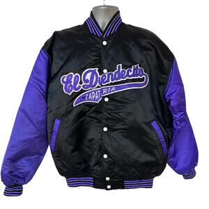 Vintage Varsity Jacket Black Purple White Baseball Bomber El Duendecito Size XL